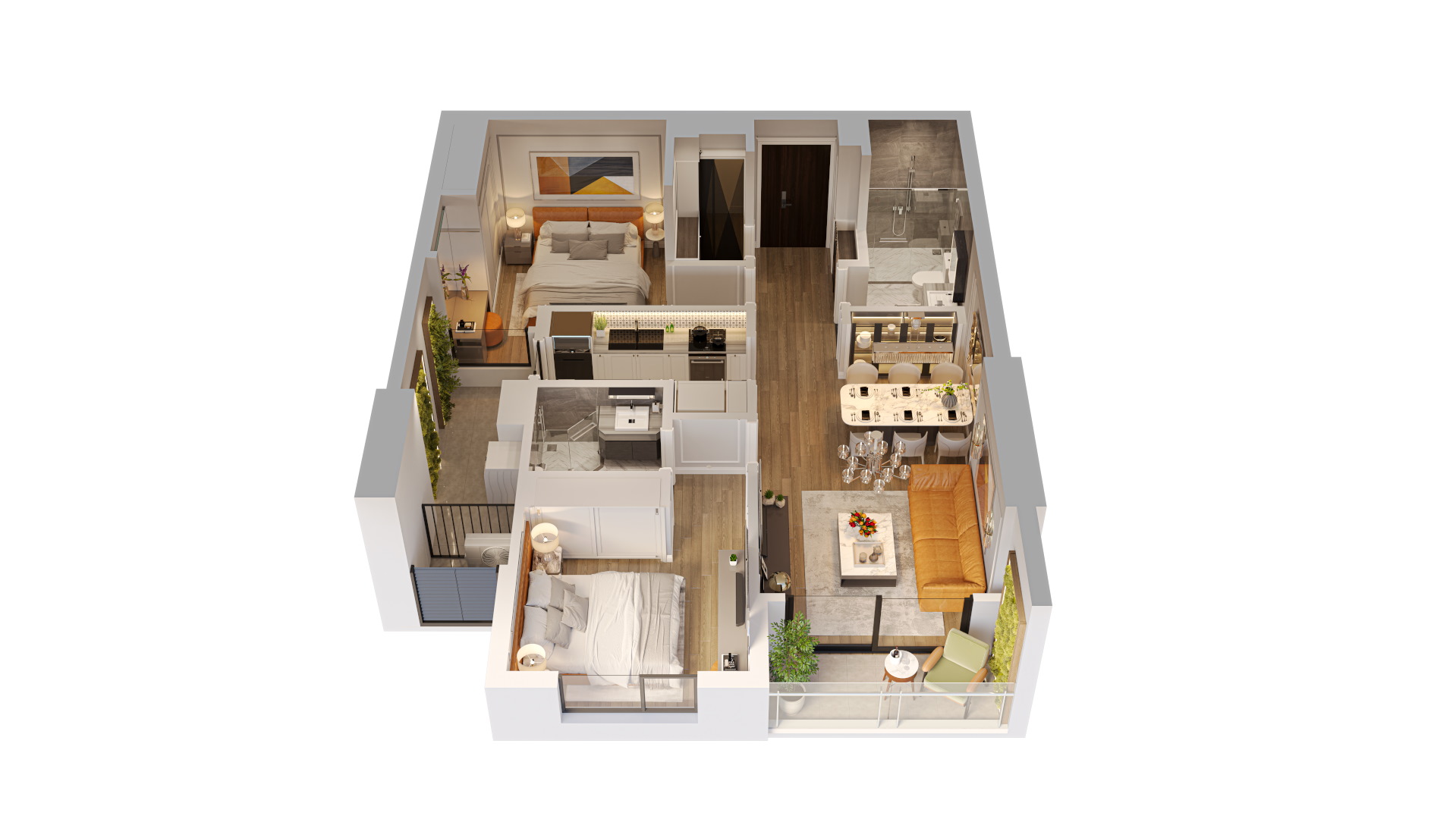 thiết kế căn hộ 2 phòng ngủ The Magnolia long biên loại E